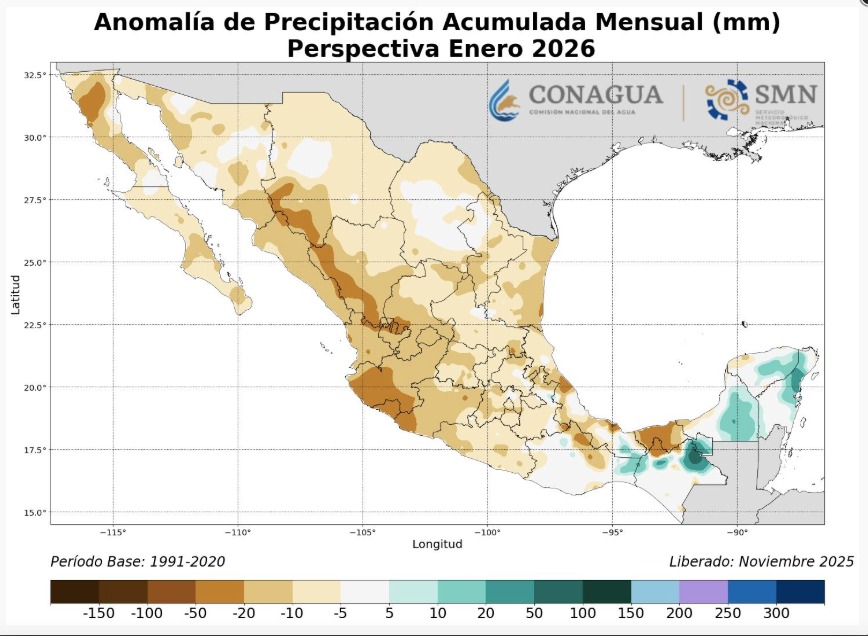 Perspectiva de porcentae de precipitación respecto a la media por estado para el mes de enero de 2026. 