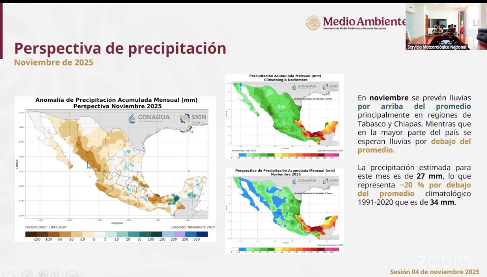Perspectiva de precipitación y temperaturas para el trimestre noviembre, diciembre, enero en México. SMN