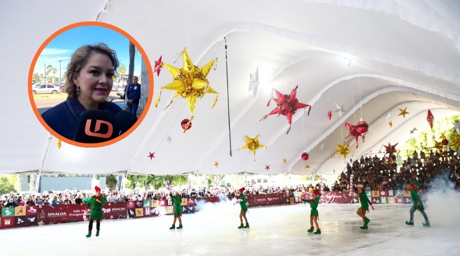 Pista de hielo en Culiacán con duendes junto a Eneyda Rocha