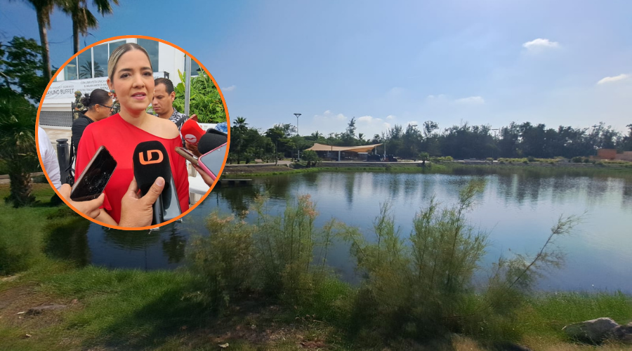 En grande la laguna del parque central de Mazatlán y en un circulo arriba a la izquierda la presidenta municipal Estrella Palacios dando entrevista a Línea Directa