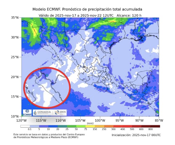 Imagen satelital de México que representa lluvias con colores verdes y azules que indica pronóstico bajo de precipitaciones
