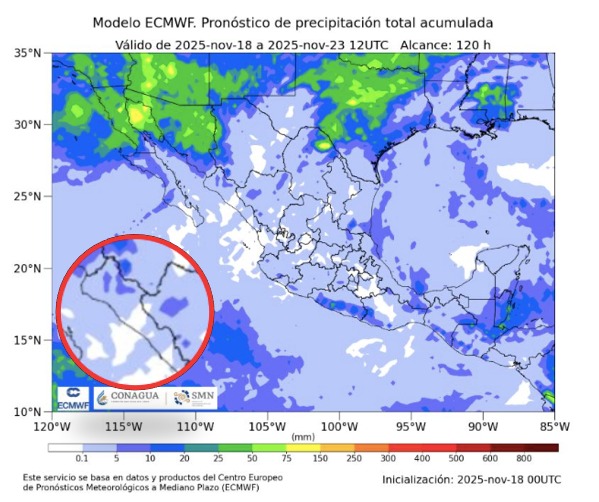 Imagen satelital de México que representa lluvias con colores verdes y azules que indica pronóstico bajo de precipitaciones