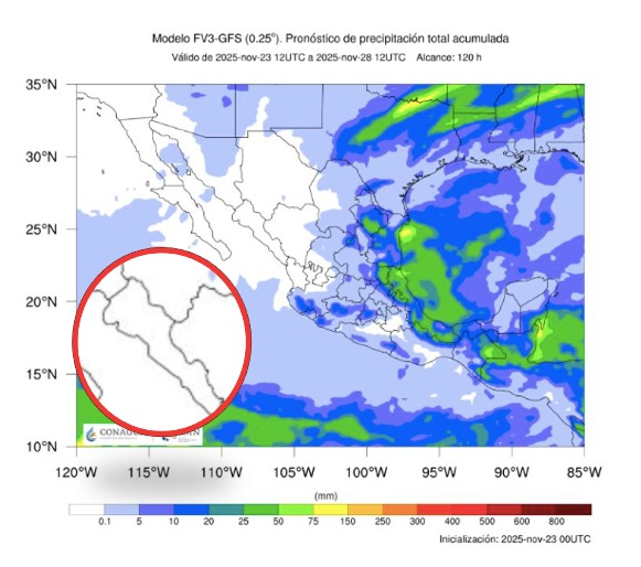 Imagen satelital de México que representa lluvias con colores verdes y azules que indica pronóstico de precipitaciones