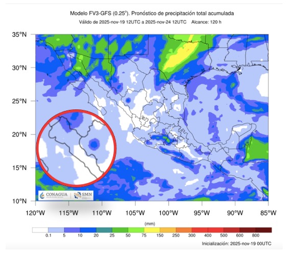 Imagen satelital de México que representa lluvias con colores verdes y azules que indica pronóstico de posibles precipitaciones