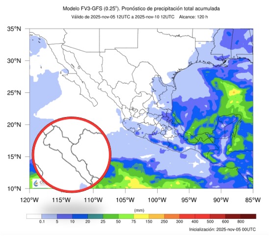 Imagen satelital de México que representa lluvias con colores verdes y azules que indica pronóstico bajo de precipitaciones entre el 5 y el 10 de noviembredel 2025