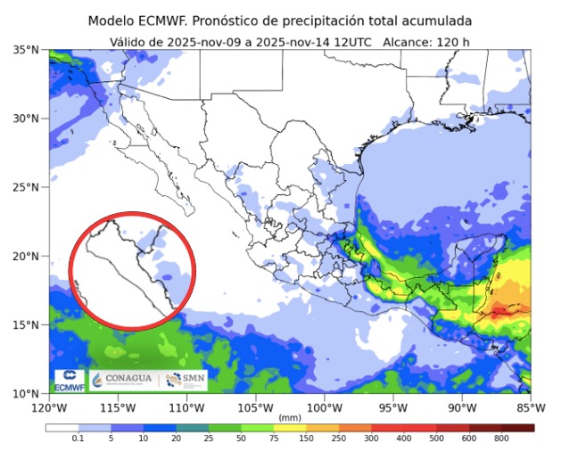 Imagen satelital de México que representa lluvias con colores verdes y azules que indica pronóstico bajo de precipitaciones
