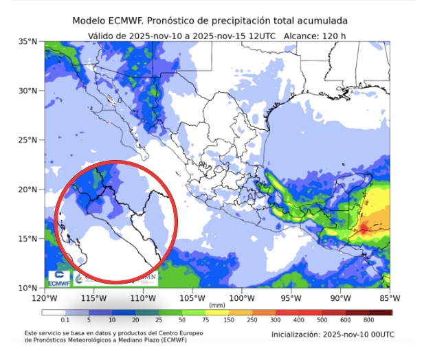 Imagen satelital de México que representa lluvias con colores verdes y azules que indica pronóstico bajo de precipitaciones