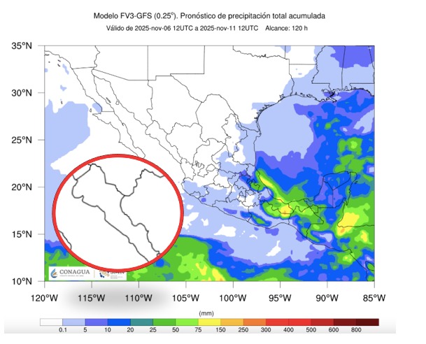 Imagen satelital de México que representa lluvias con colores verdes y azules que indica pronóstico bajo de precipitaciones