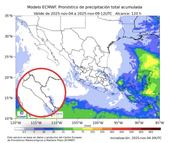 Imagen satelital de México que representa lluvias con colores verdes y azules que indica pronóstico bajo de precipitaciones
