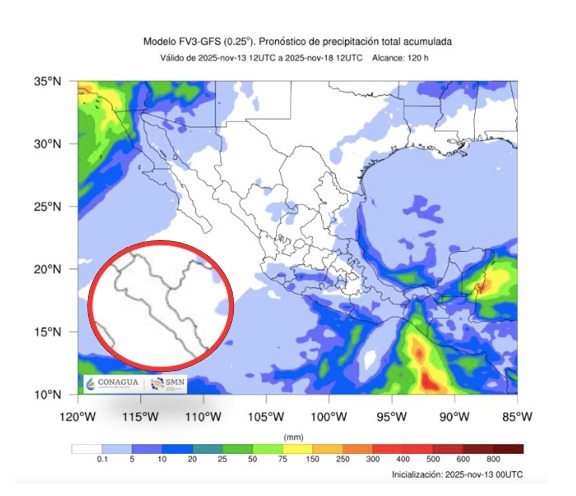 Imagen satelital de México que representa lluvias con colores verdes y azules que indica pronóstico bajo de precipitaciones