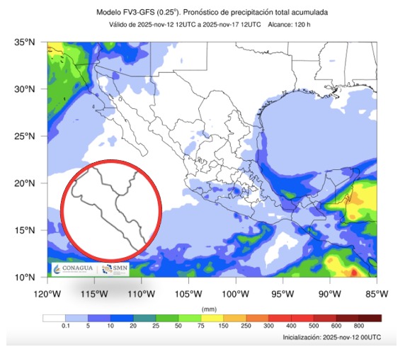 Imagen satelital de México que representa lluvias con colores verdes y azules que indica pronóstico bajo de precipitaciones