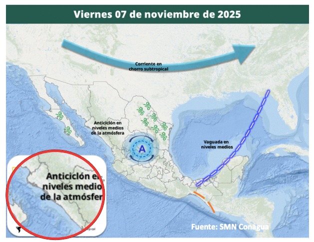 Imagen satelital de México con el pronóstico de potencial de tormentas hoy viernes 7 de noviembre.