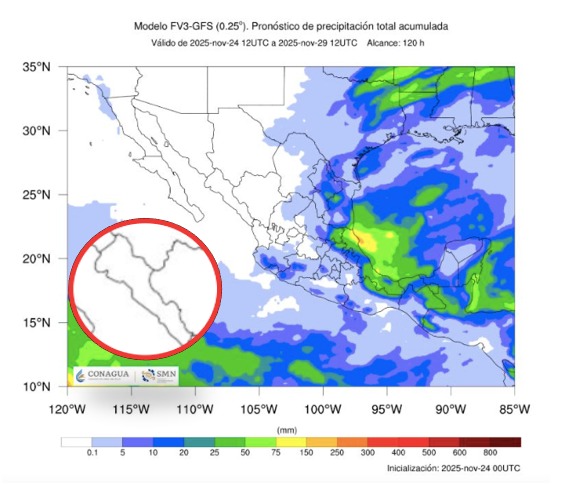 Imagen satelital de México que representa lluvias con colores verdes y azules que indica pronóstico de precipitaciones