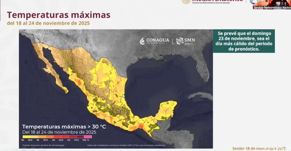 Imagen del sistema meteorológico nacional que indica el registro de temperaturas máximas a nivel nacional, la imagen muestra tonos en rojo que indica las temperaturas mas fuertes y tonos verdes que indica las temperaturas mas frescas  