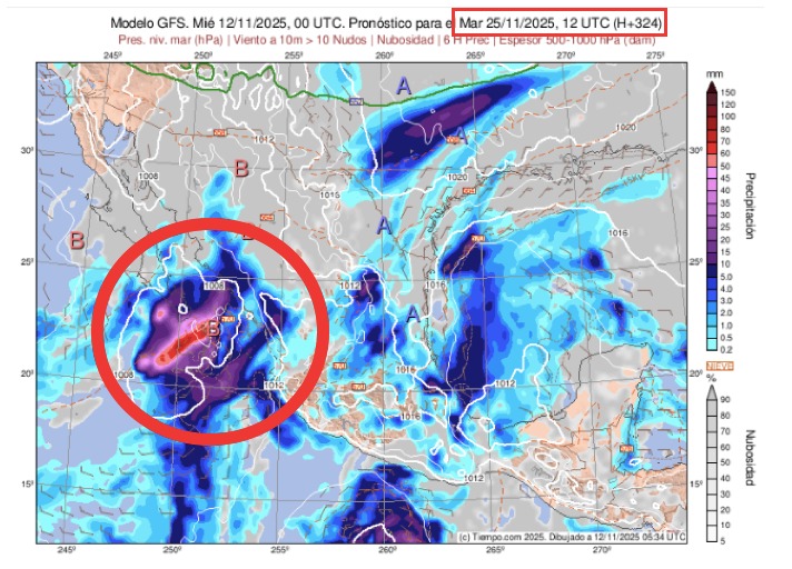 Imagen satelital de México con el pronóstico del modelo GFS