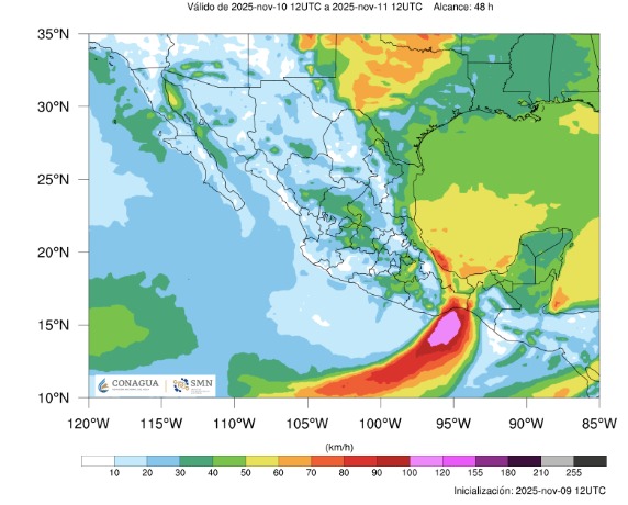 Imagen satelital de México indicando la ráfaga máxima de viento pronósticada para el 10 de noviembre.