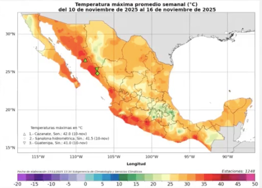 Imagen del sistema meteorológico nacional que indica el registro de temperaturas máximas a nivel nacional, la imagen muestra tonos en rojo que indica las temperaturas mas fuertes y tonos verdes que indica las temperaturas mas frescas  