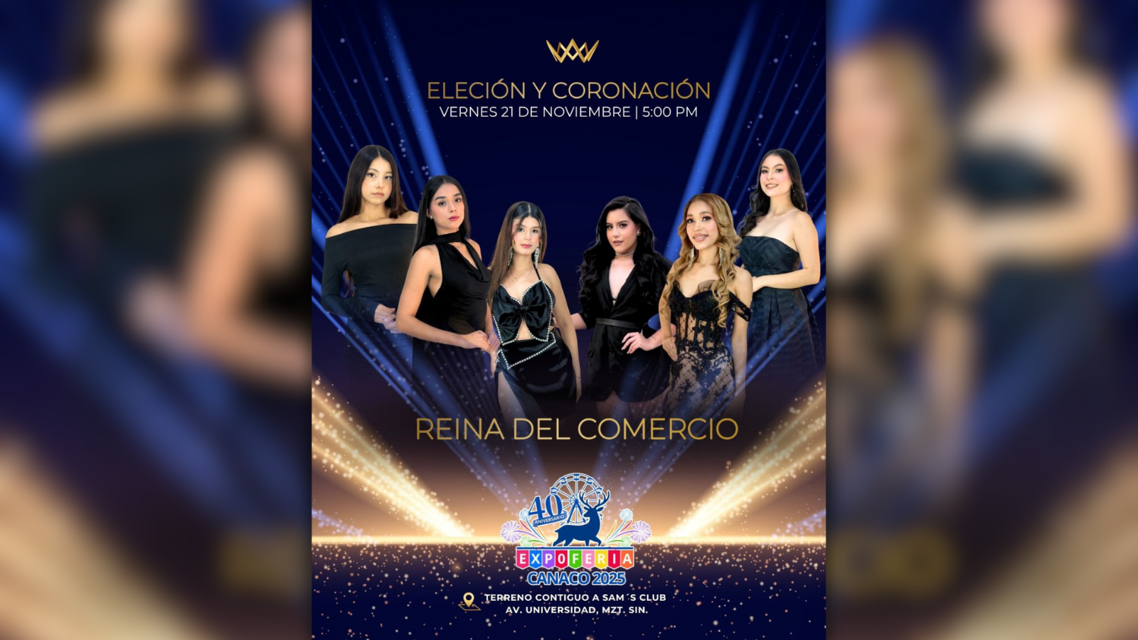 Poster con unas jóvenes que participan en la Reina del Comercio de la Expoferia Canaco Mazatlán 2025