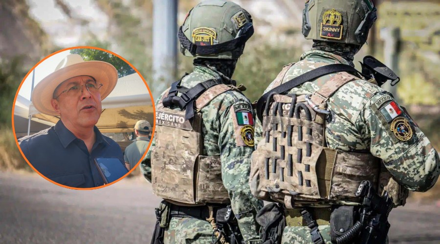 En grande dos elementos del Ejercito mexicano de espaldas vestidos con uniforme y encapuchados, en medio a la izquierda en un circulo pequeño, el secretario de Seguridad Pública Estatal dando declaraciones para Línea Directa