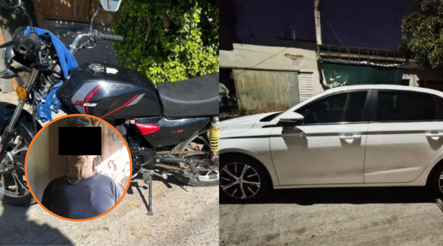 A la derecha un auto blanco estacionado, a la izquierda una motocicleta y en un circulo abajo a la izquierda el presunto responsable de robo