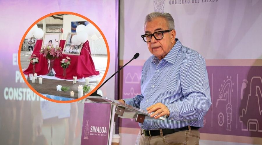 Rubén Rocha Moya en conferencia semanera junto a foto de caso de niñas Alexa y Leidy