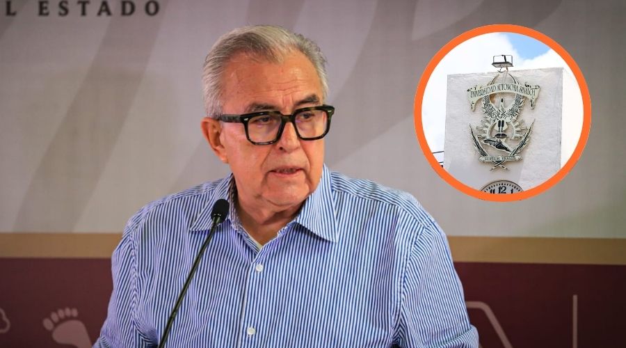 Gobernador de Sinaloa, Rubén Rocha Moya junto al logo de la UAS
