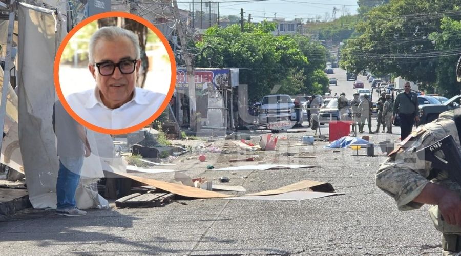 Gobernador de Sinaloa, Rubén Rocha Moya en un circulo y de fondo la escena del caso del marisquero atropellado en Culiacán