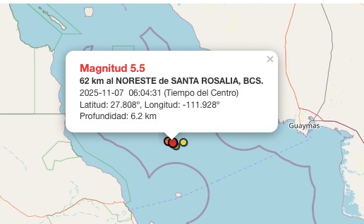 Imagen satelital del sismo de 5.5 registrado en Santa Rosalía, Baja California Sur