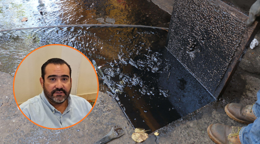 En grande un drenaje sin tapa totalmente colapsado y desbordando aguas negras alrededor y en un circulo mas pequeño a la izquierda Emmanuel Higuera Terraza., gerente de Japama