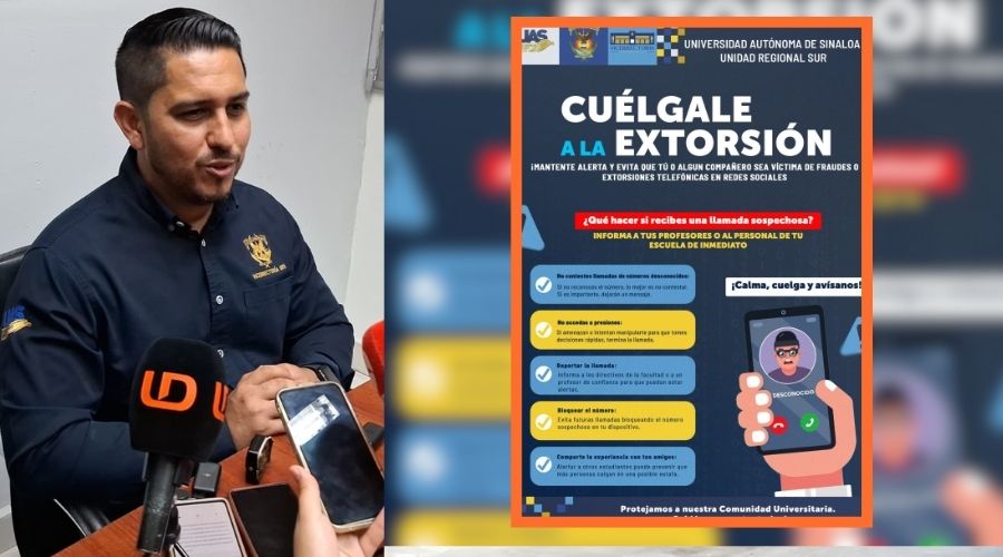 Vicerrector de la Unidad Regional Sur, Manuel Iván Tostado Ramírez junto a anuncio de colgarle a la extorsión