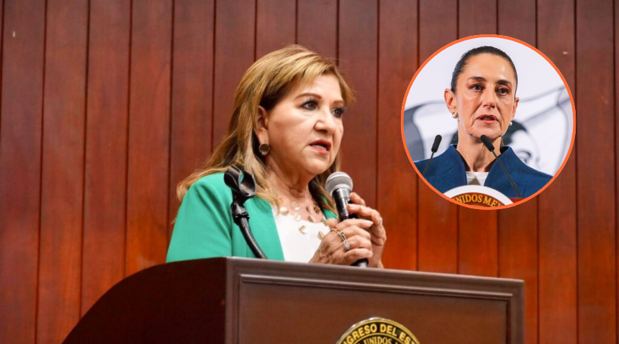 Tere Guerra hablando con un micrófono y en un círculo Claudia Sheinbaum