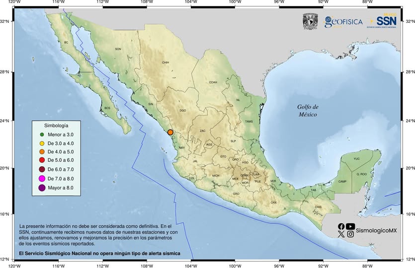 Mapa de México con el registro de un sismo en Rosario, Sinaloa