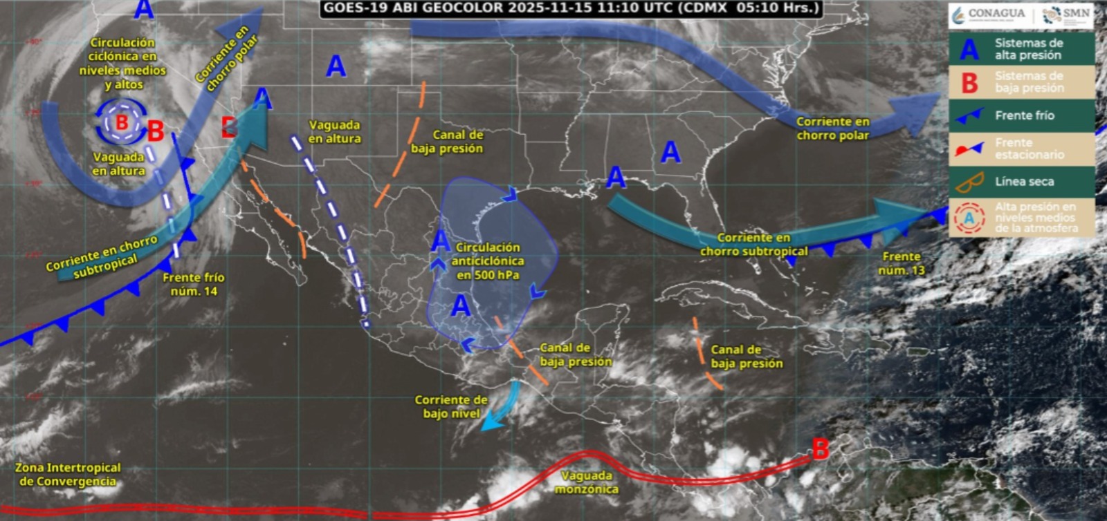 Imagen satelital de México indicando los sistemas meteorológicos activos en México