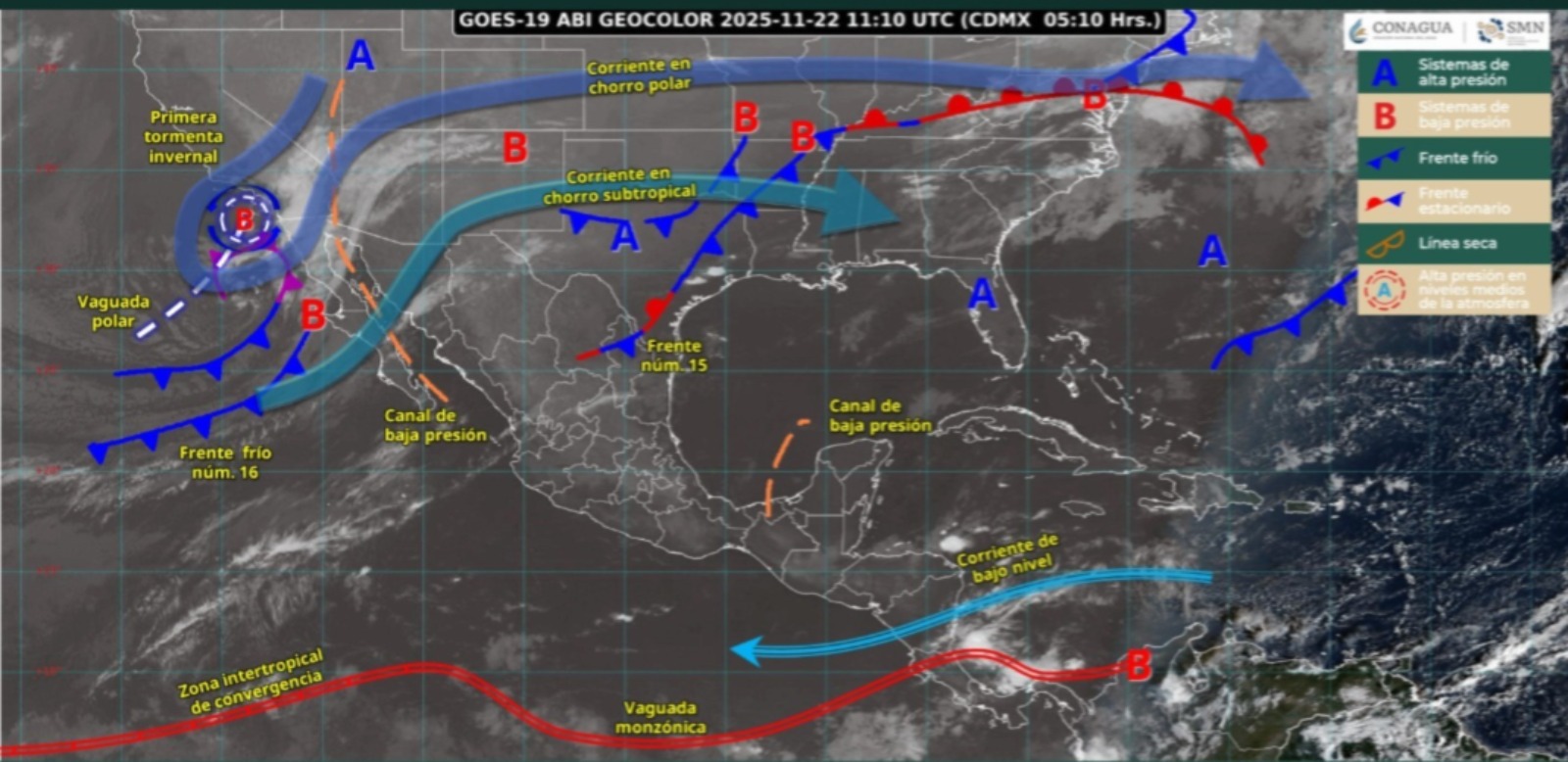 Imagen satelital de México indicando los sistemas meteorológicos activos en México