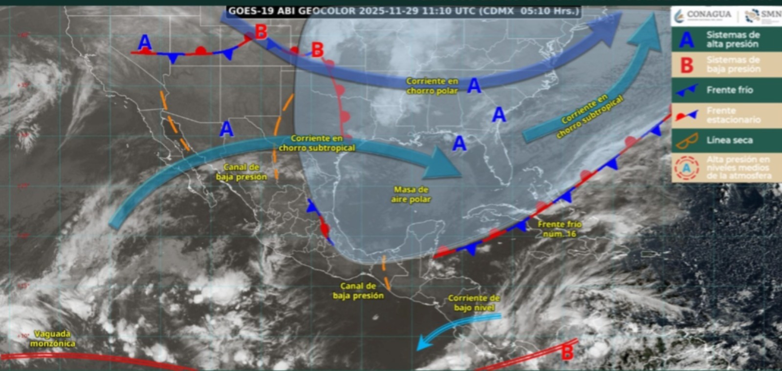 Imagen satelital de México indicando los sistemas meteorológicos activos en México