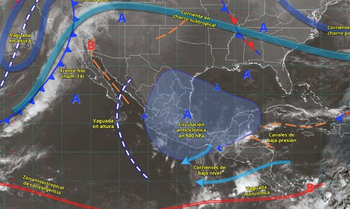 Imagen satelital de México indicando los sistemas meteorológicos activos en México al 14 de noviembre del 2025