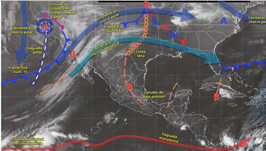 Imagen satelital de México indicando los sistemas meteorológicos activos en México hoy 18 de noviembre del 2025
