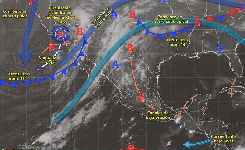 Imagen satelital de México indicando los sistemas meteorológicos activos en México