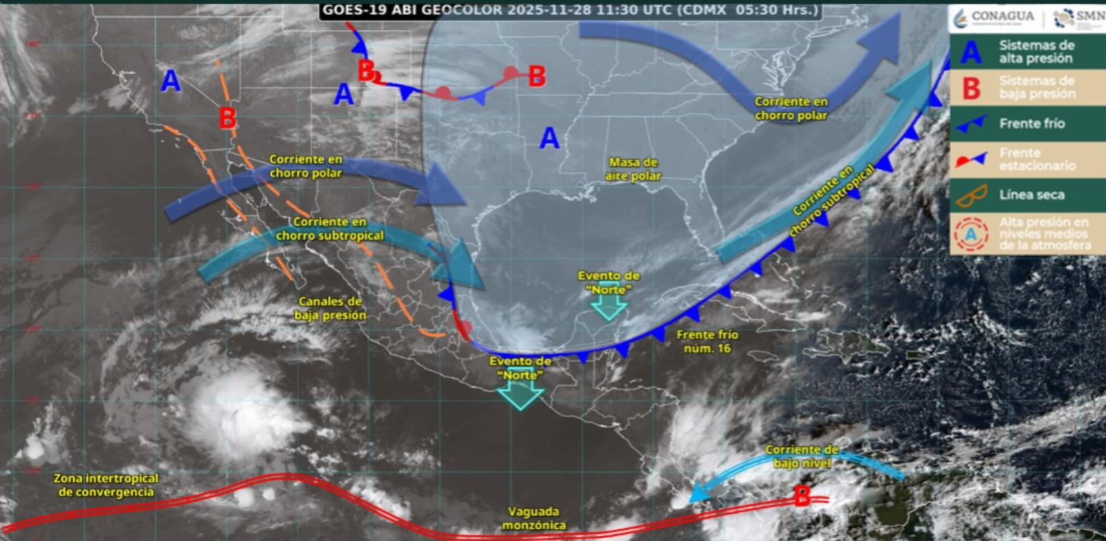 Imagen satelital de México indicando los sistemas meteorológicos activos en México