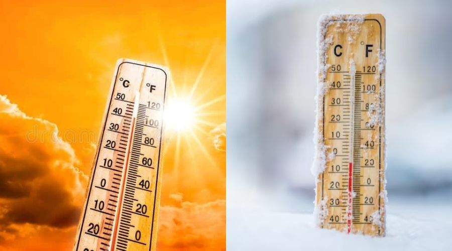 Dos termómetros, uno indicando temperaturas bajas y el otro indicando temperatuaras altas