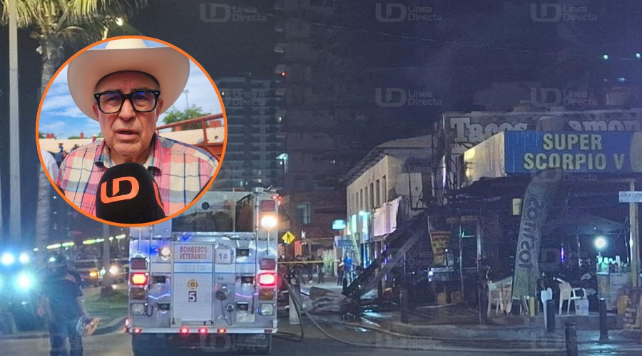 En grande un puesto de tacos en Mazatlán quemado por el fuego generado por una explosión junto al puesto un camión de bomberos brindando apoyo en la situación y en un circulo pequeño arriba a la izquierda el gobernador de Sinaloa Rubén Rocha Moya dando declaraciones para los medios