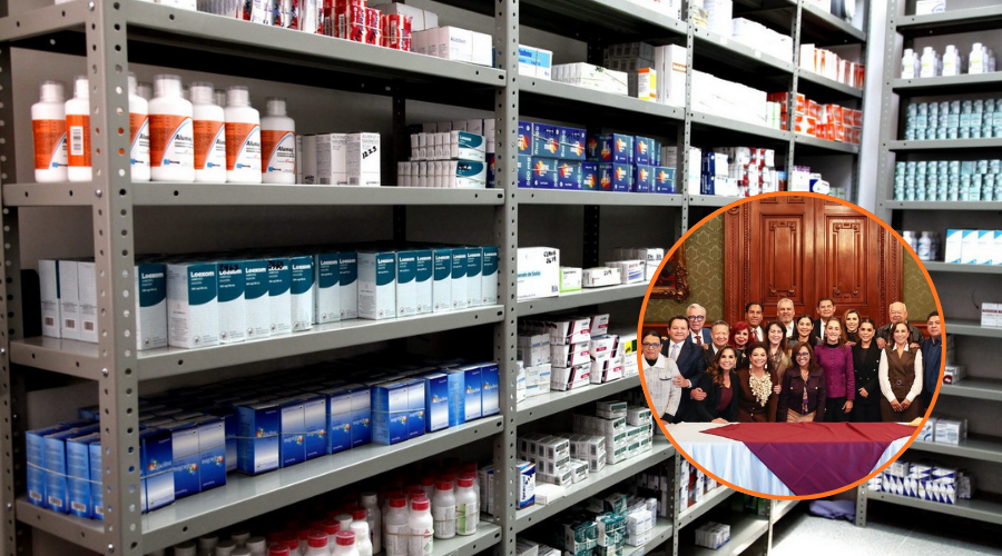 En grande un estante con muchos tipos de medicamentos y en un circulo abajo a la derecha, la presidenta de México junto a los gobernadores del paisa