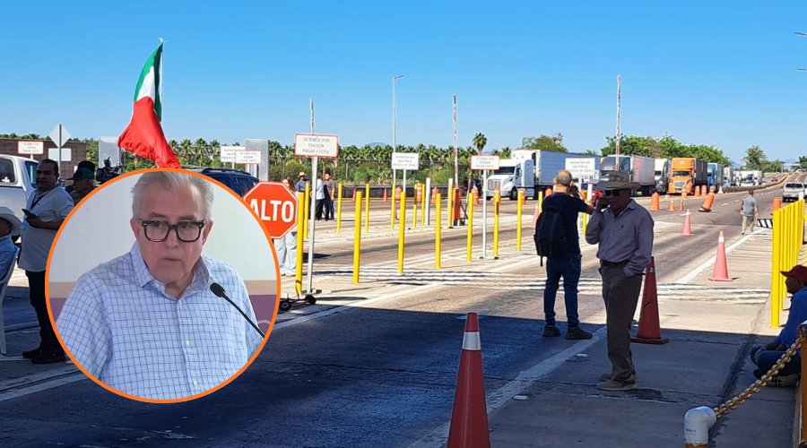 Caseta de Sinaloa tomada por agricultores y en un circulo Rubén Rocha Moya