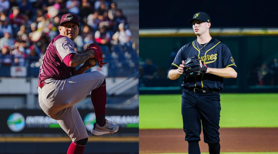 Jugadores de beisbol, uno lanzando y el otro parado con una manopla
