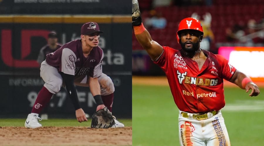 Jugador de Tomateros junto a uno de Venados de Mazatlán
