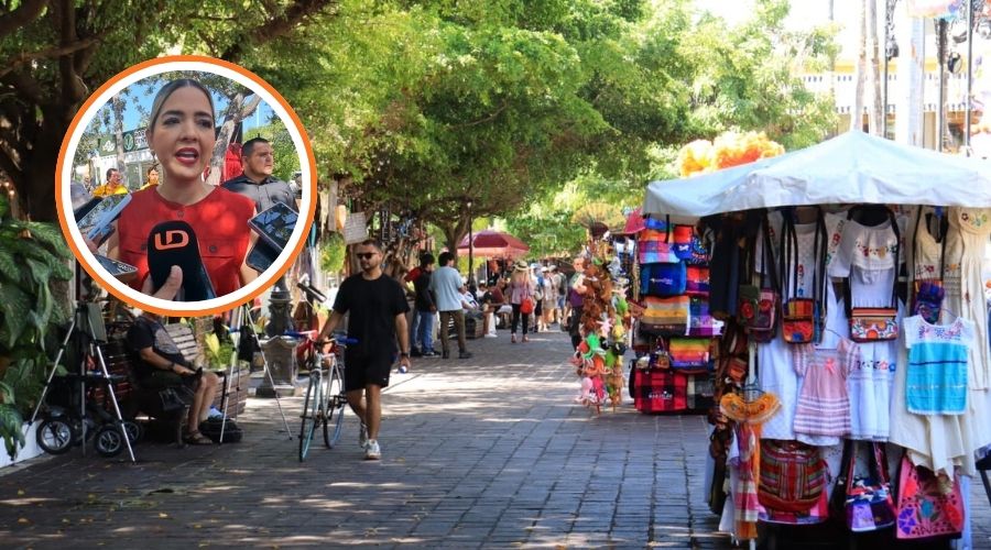 Personas caminando en un lugar público tipo plaza con negocios varios y en un círculo la alcalde de Mazatlán Estrella Palacios