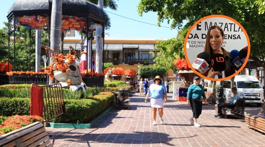 Personas caminando en una plaza de Mazatlán y en un círculo Mireya Sosa, secretaria de Turismo