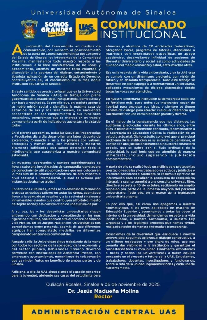 Comunicado institucional de la UAS