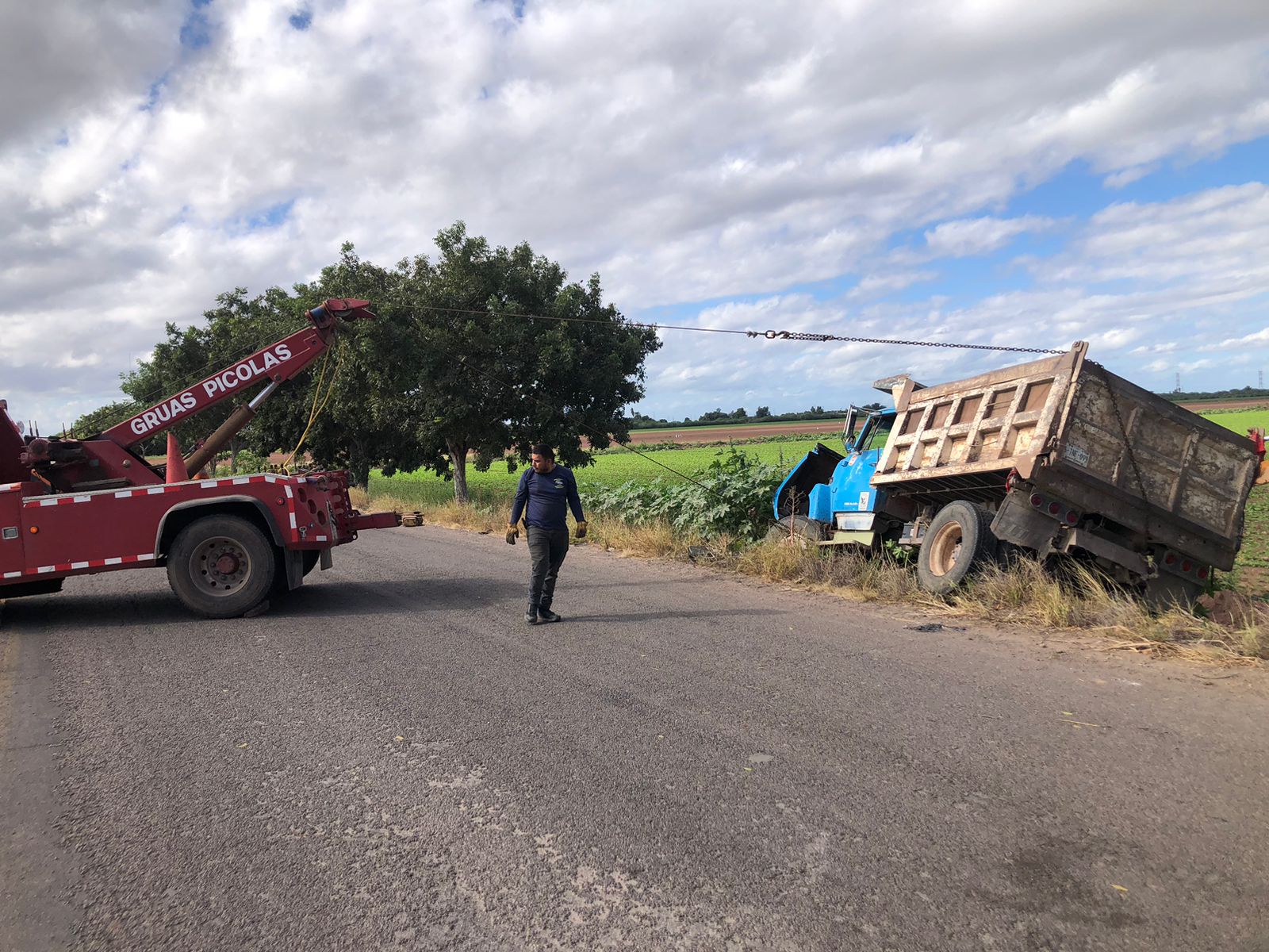 Grúa tirando de un dompe que está al lado de la carretera