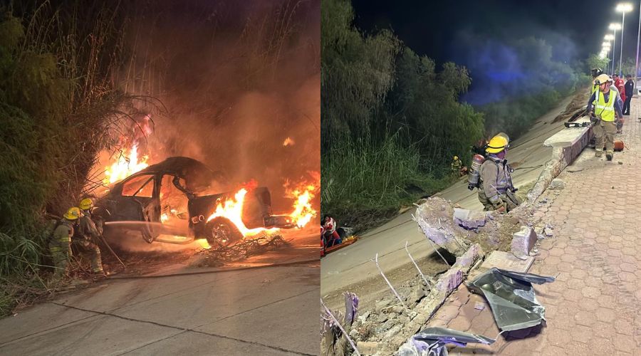 Carro incendiandose y personal de bomberos realizando trabajos en el lugar del accidente